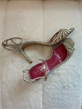 kate spade Silver Metallic Open-Toe Slingback Heels with Pink Insole